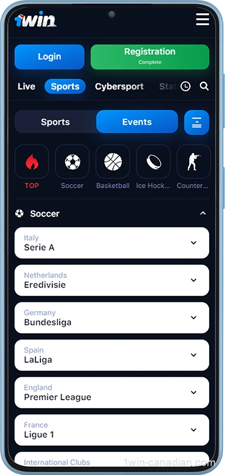 Sports betting in 1win mobile app