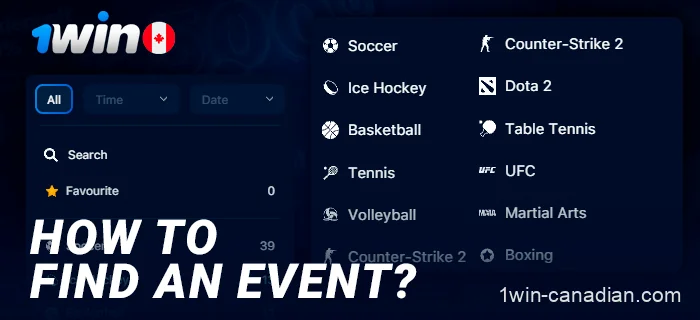 Instructions on how to find a sporting event on 1win Canada